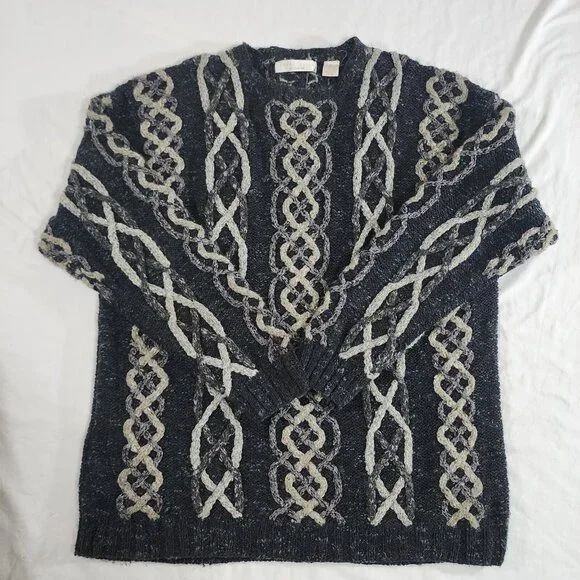 Perry Ellis Sweater Men's XL Gray Vintage Hand Knit 3D Chunky Cable‎ Knitted
